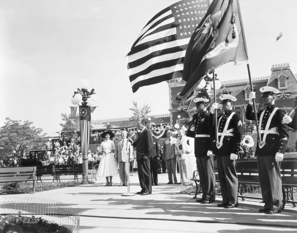 Walt Disney reads the Disneyland dedication plaque before a national television audience. (Disneyland Resort)